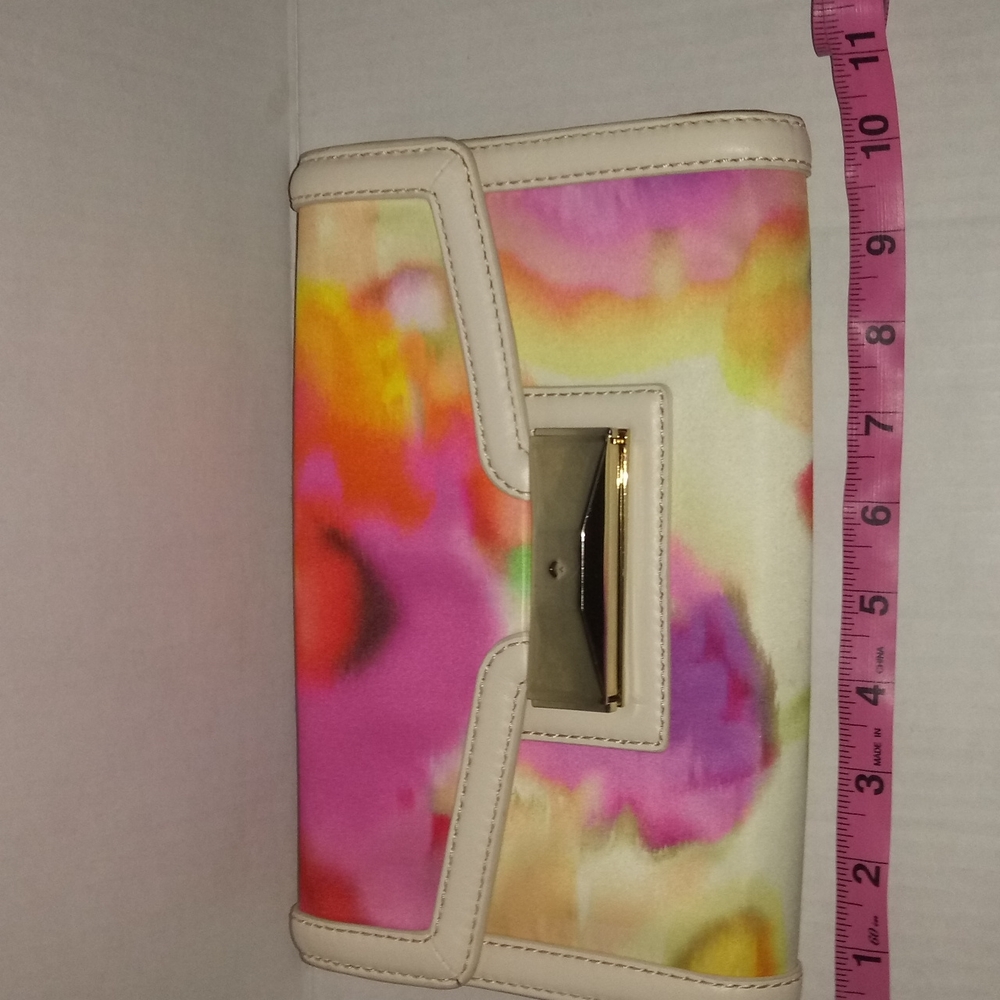 KATE SPADE MULTI COLOR SATIN CLUTCH WITH LEATHER TRIM - Picture 12 of 13